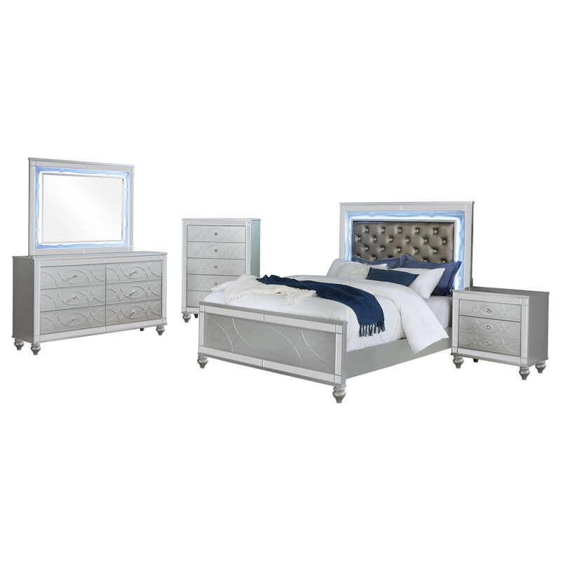 Gina 5pc Queen Bedroom Set, Silver Gray Faux Leather, LED Lights