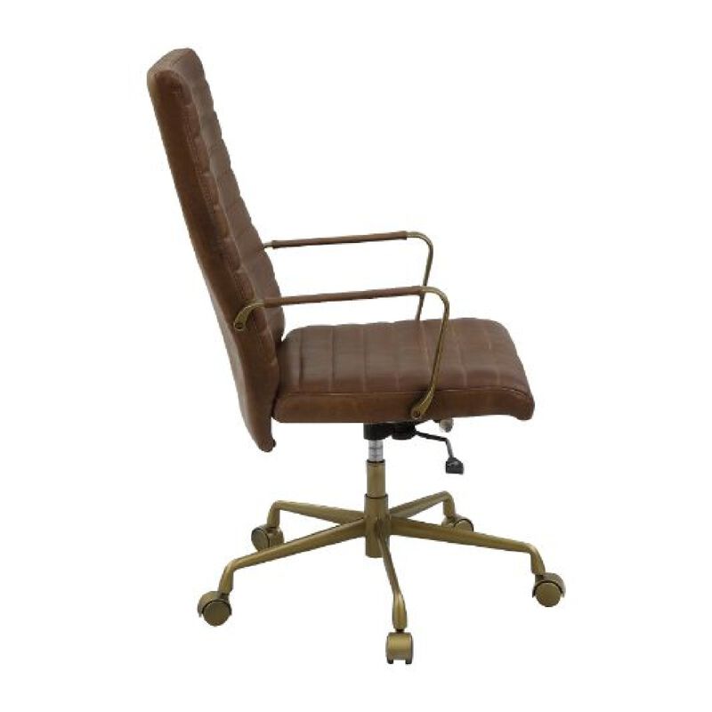 Office Chair with Leather Seat and Channel Stitch, Brown-Benzara