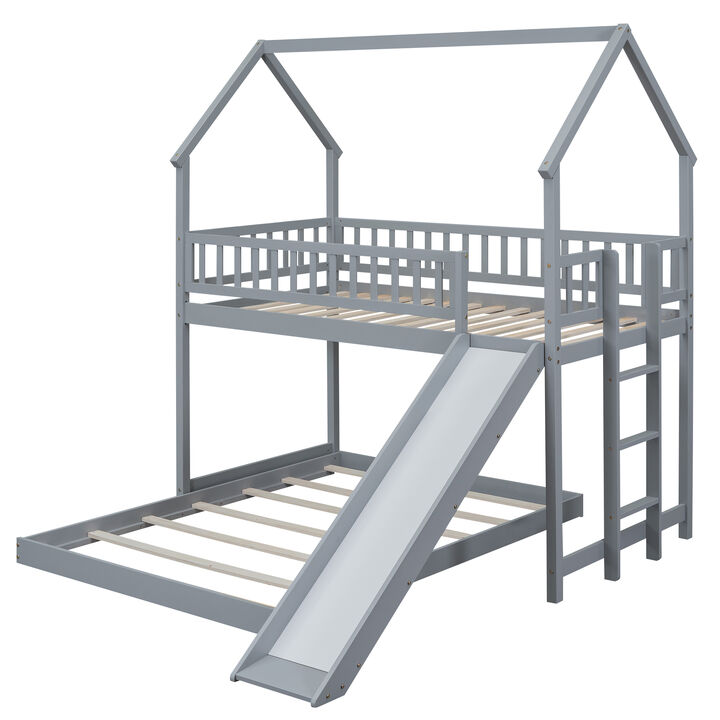 Whisen House Roof Design Twin over Full House Bunk Bed with Slide and Built-in Ladder