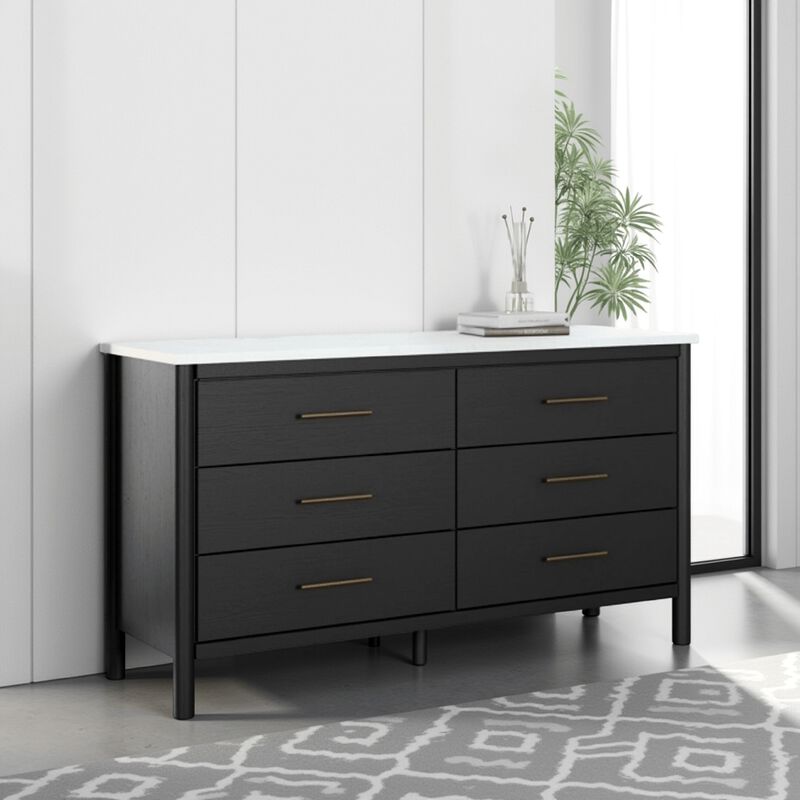 Mooran Wide Dresser, 6 Drawers, Marble Finish Top, Black Laminate - Benzara