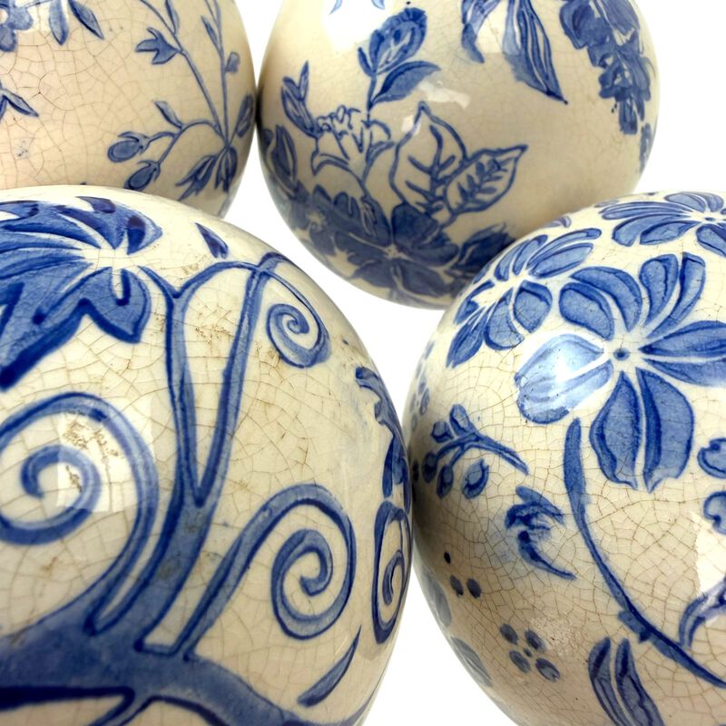 Decorative Orbs Set Of 4 Blue White Floral Crackle Ceramic 375 In image number 5