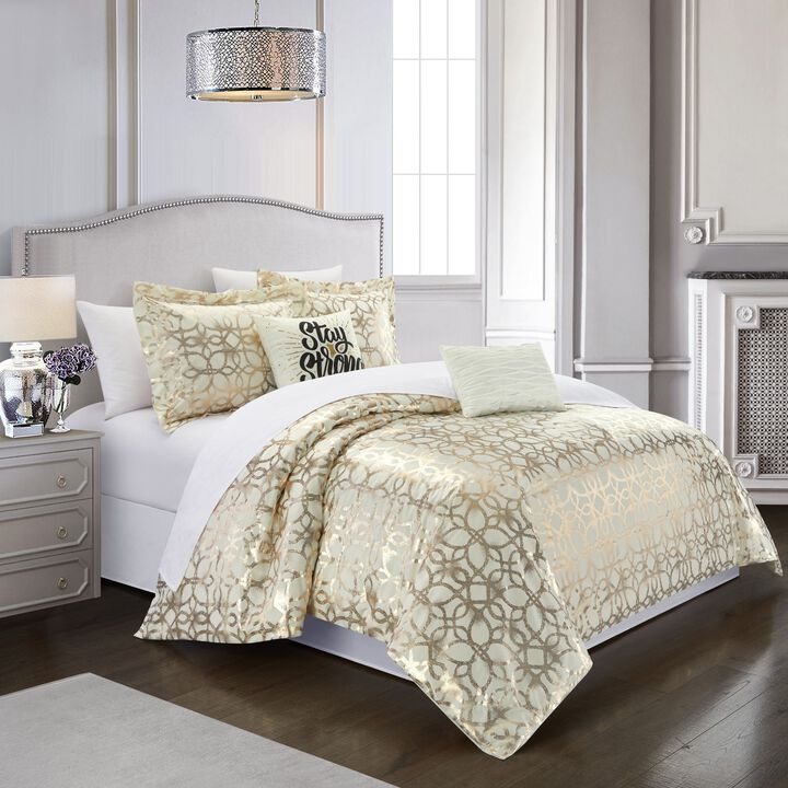 Chic Home Shefield 5 Piece Comforter Set Geometric Gold Tone Metallic Lattice Pattern Print Bedding - Decorative Pillows Shams Included - King 102x96", Beige