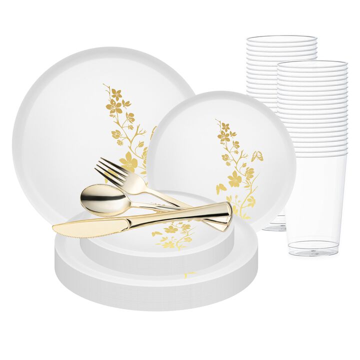 White with Gold Floral Plastic Wedding Value Set (60 Sets)