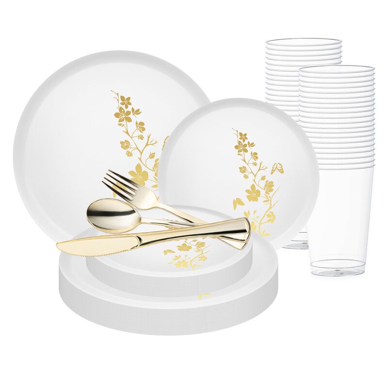 White with Gold Floral Plastic Wedding Value Set (60 Sets) image number 0