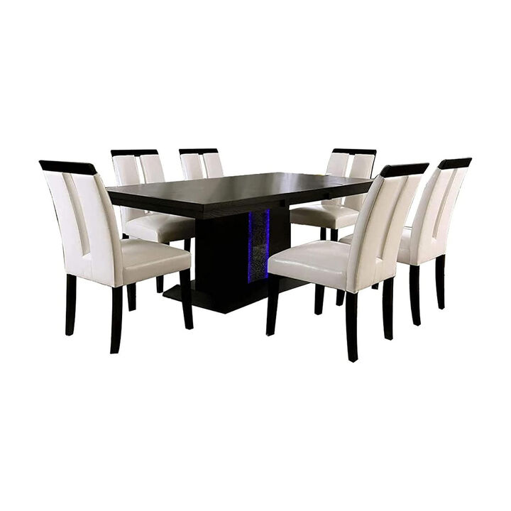 Pyn 7pc Dining Table and Chair Set, Black Wood, Beige Faux Leather - Benzara