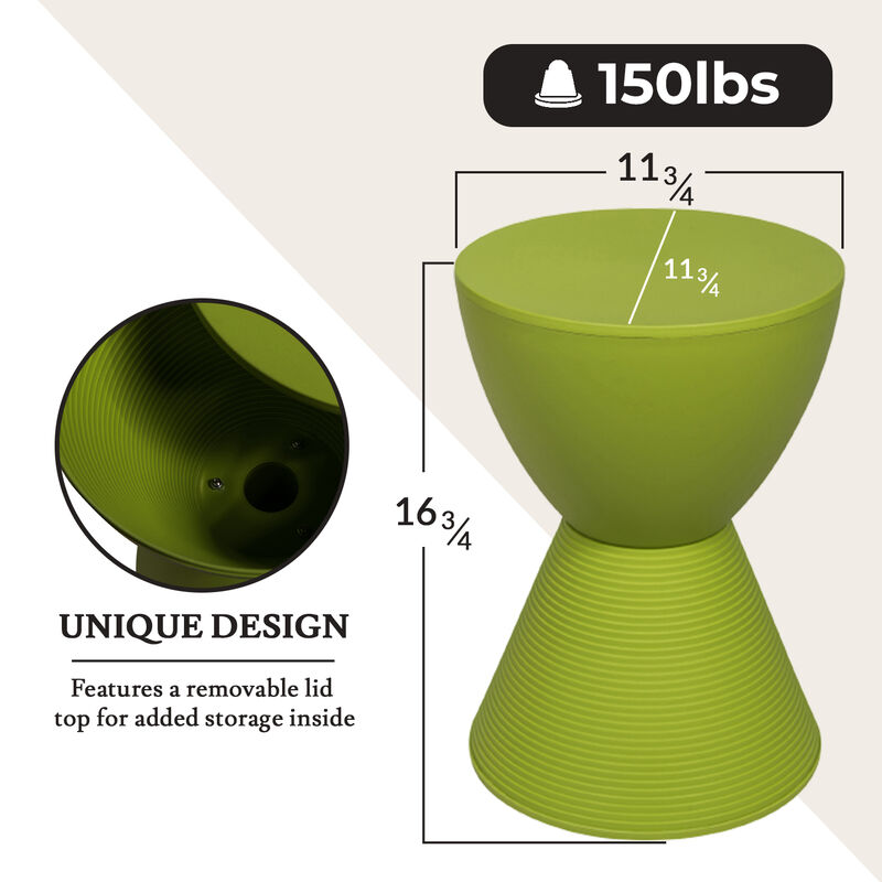 LeisureMod Modern ABS Shell Ribbed Hourglass Accent Drum Side Table with Removable Lid for Storage Indoor and Outdoor Use