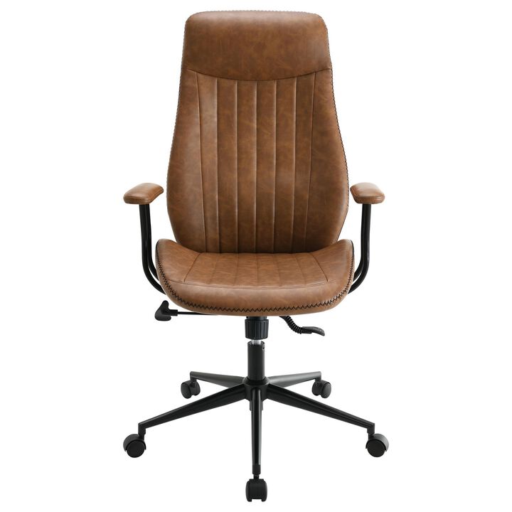 Anie Adjustable Desk Chair, Rolling Base, Brown Tufted Faux Leather - Benzara
