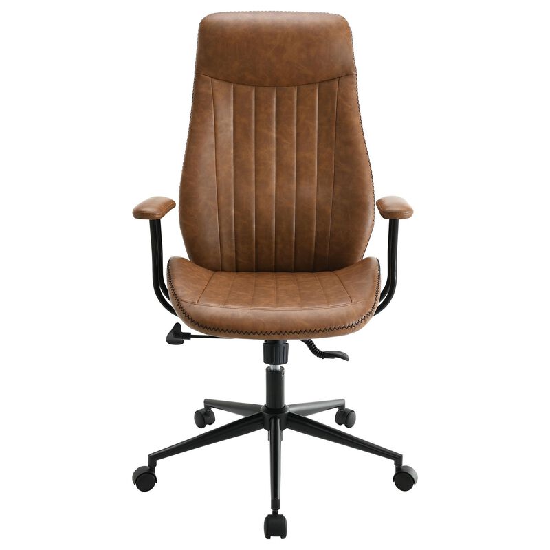 Anie Adjustable Desk Chair, Rolling Base, Brown Tufted Faux Leather - Benzara