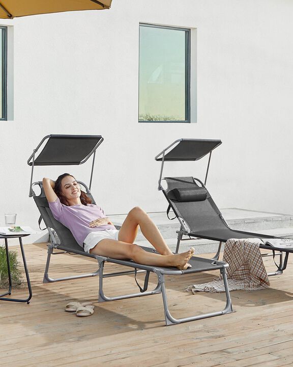 Sun Lounger with Headrest and Adjustable Backrest Canopy Shade