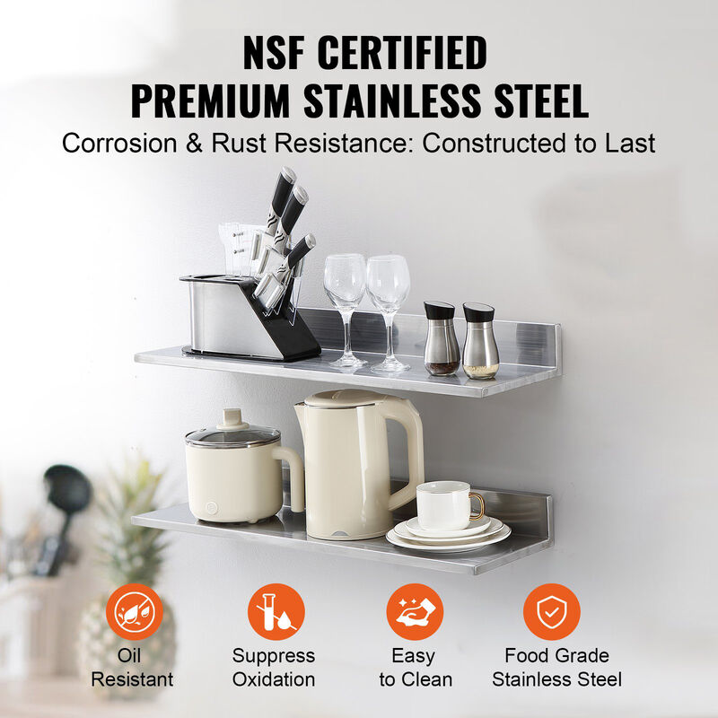 Stainless Steel Floating Shelves for Kitchen, Bar, or Restaurant, Set of 2