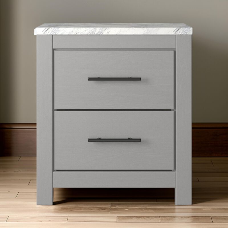 Finley 25 Inch Rustic Wood Nightstand, 2 Drawer, Marble Top, Gray, White-Benzara