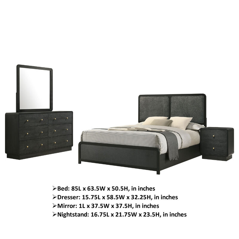 Cavy 4pc Queen Bedroom Set, Charcoal Gray Upholstery, Gold