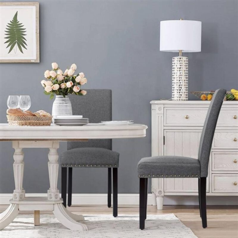 Hivvago Set of 2 Grey Linen Upholstered Nailhead Dining Chair   330 lbs. Weight Capacity