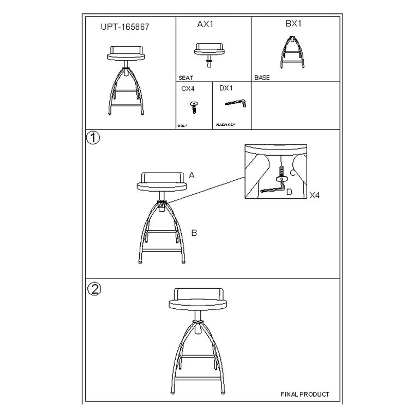 Pia 25-31 Inch Set of 2 Industrial Style Counter Height Stools with Adjustable Swivel Seat, Brown, Black
