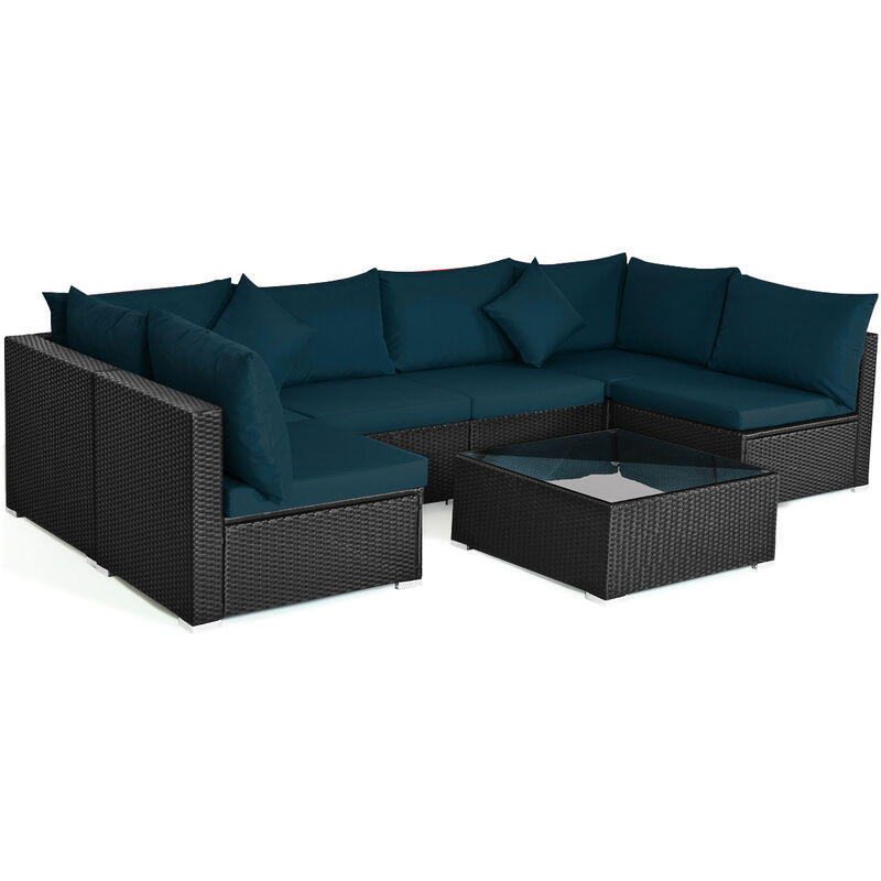 7-Piece Outdoor Sectional Wicker Patio Sofa Set with Tempered Glass Top