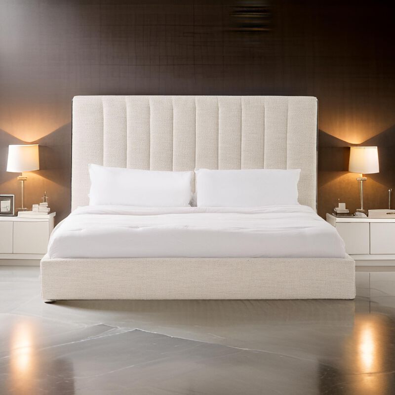 Valy Platform King Size Bed, Vertical Striped Tufted Ivory Upholstered - Benzara image number 5