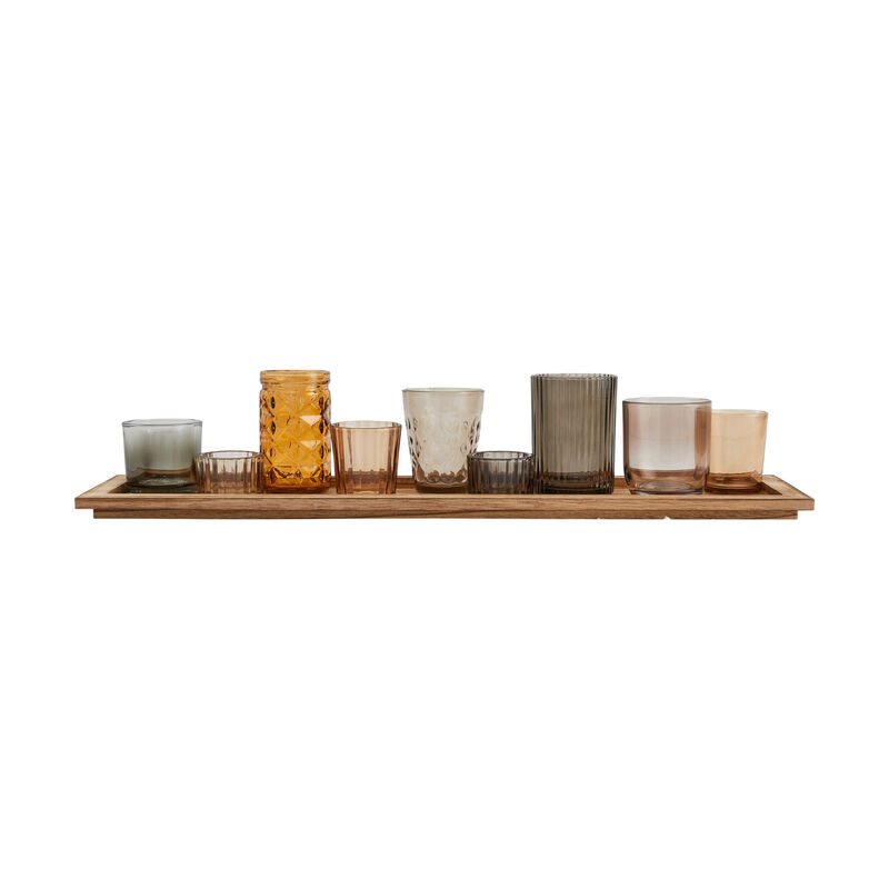 9‑Piece Round Glass Votive Holders on Solid Paulownia Wood Tray, Brown Rustic Finish image number 2