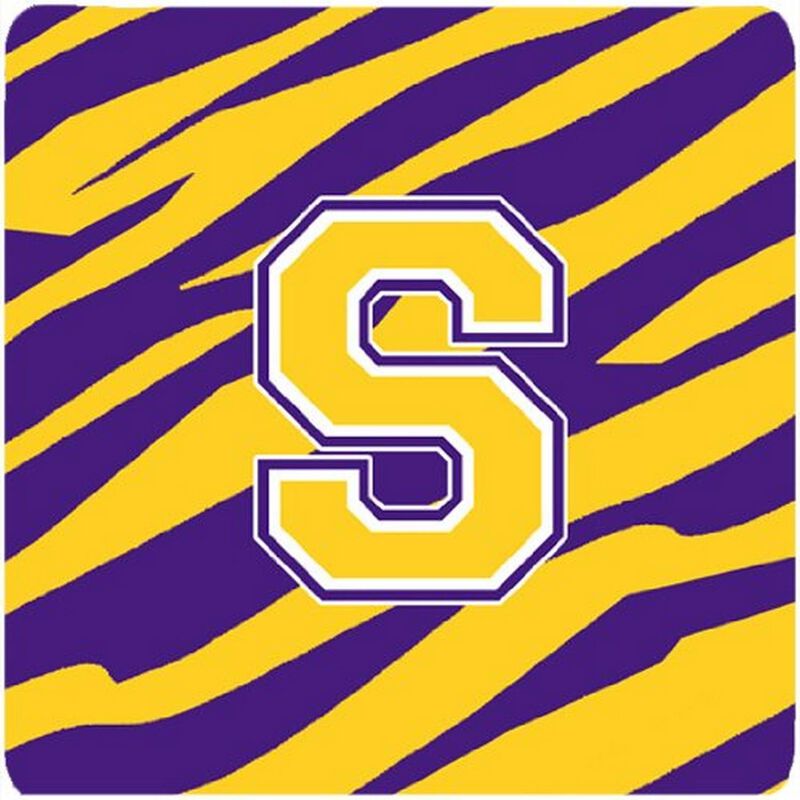 Caroline's Treasures CJ1022-SFC Monogram-Initial S Tiger Stripe-Purple Gold Foam Coasters (Set of 4), 3.5 H x 3.5 W, Multicolor