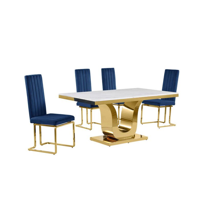 5pc Small(66") marble top dining set with gold base and 4 Navy blue chairs