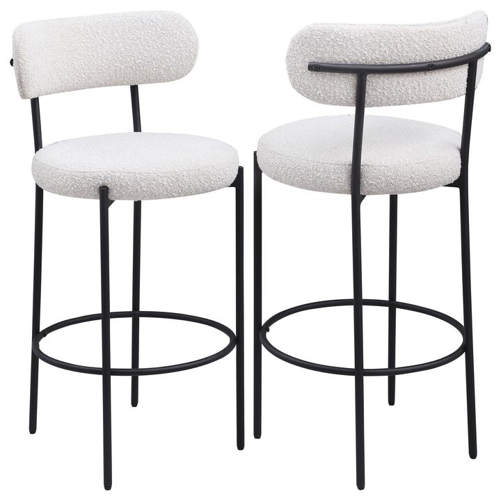Winona Bar Height Chair Set of 2, White Boucle, Black Metal 30 Inch - Benzara