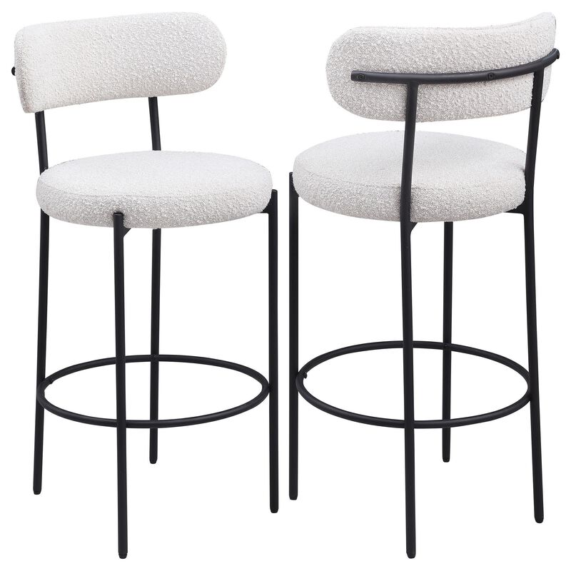 Winona Bar Height Chair Set of 2, White Boucle, Black Metal 30 Inch - Benzara