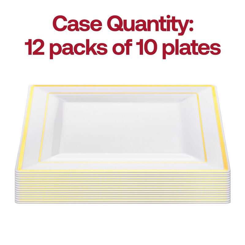 9.5" White with Gold Square Edge Rim Plastic Dinner Plates (120 Plates) image number 3