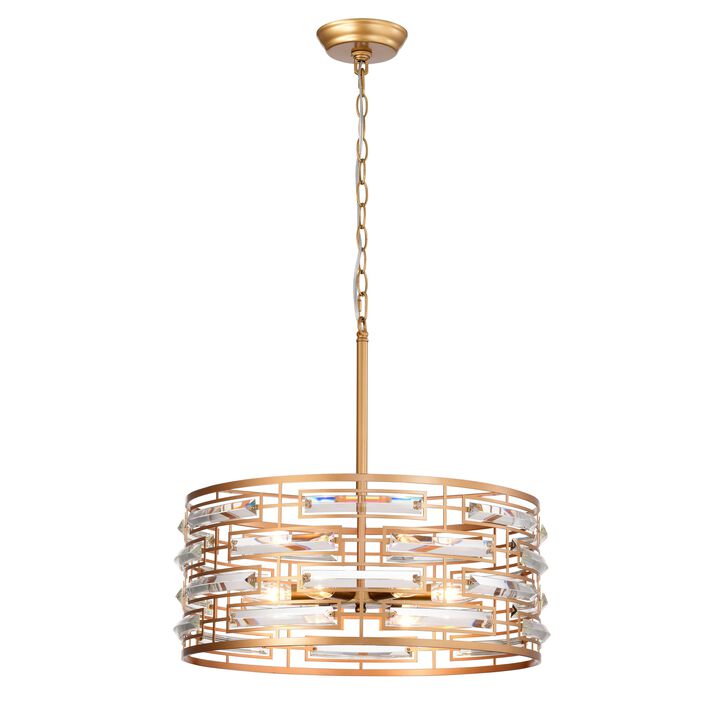 Laia Glossy Brass Drum Shade Chandelier with Clear Glass Prism