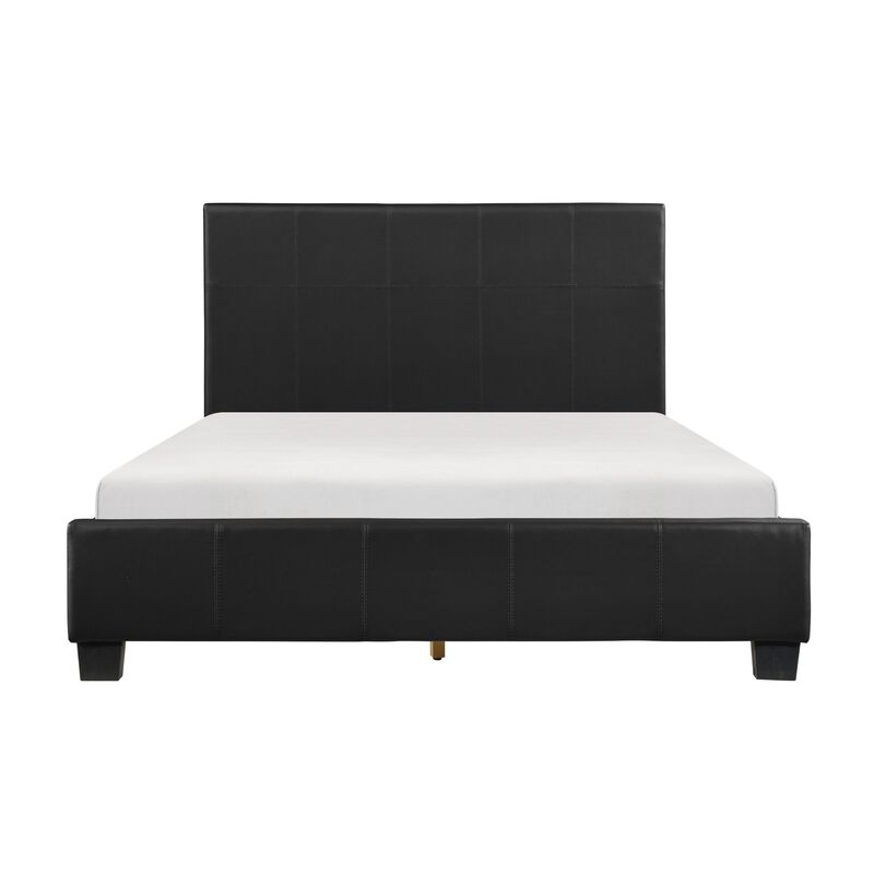 Renz Queen Size Platform Bed, Black Faux Leather Upholstery, Wood Frame - Benzara