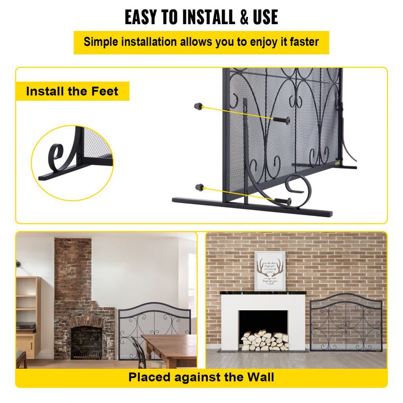 Iron Fireplace Screen with Spark Protection, Mesh Panel and Fireplace Accessories Set-Black image number 5