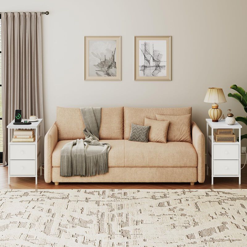 HOOBRO End Table with Charging Station, Narrow Side Table, Nightstand with 2 Non-Woven Drawers, Slim Sofa Side Table, for Small