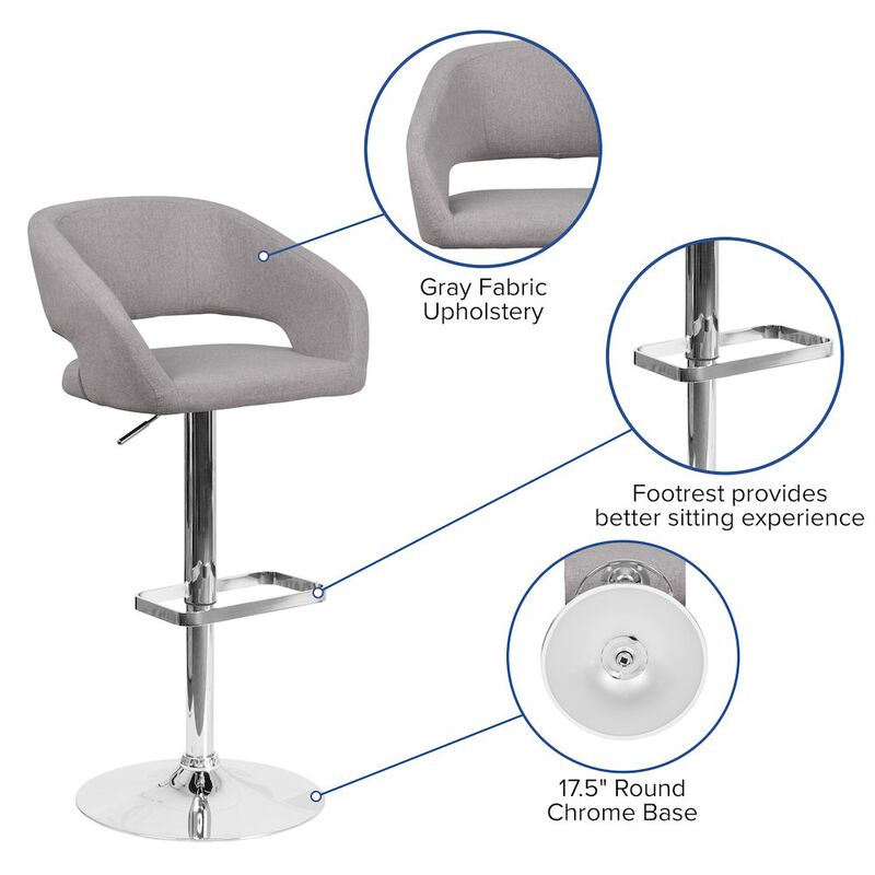 Flash Furniture Gray Fabric Adjustable Height Barstool with Rounded Mid-Back and Chrome Base image number 2