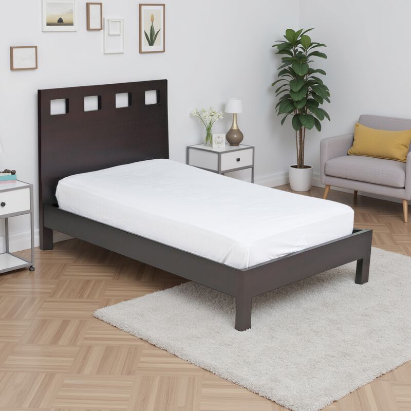 Yee Queen Size Platform Bed, Cut Out Panel Headboard, Espresso Brown Wood - Benzara
