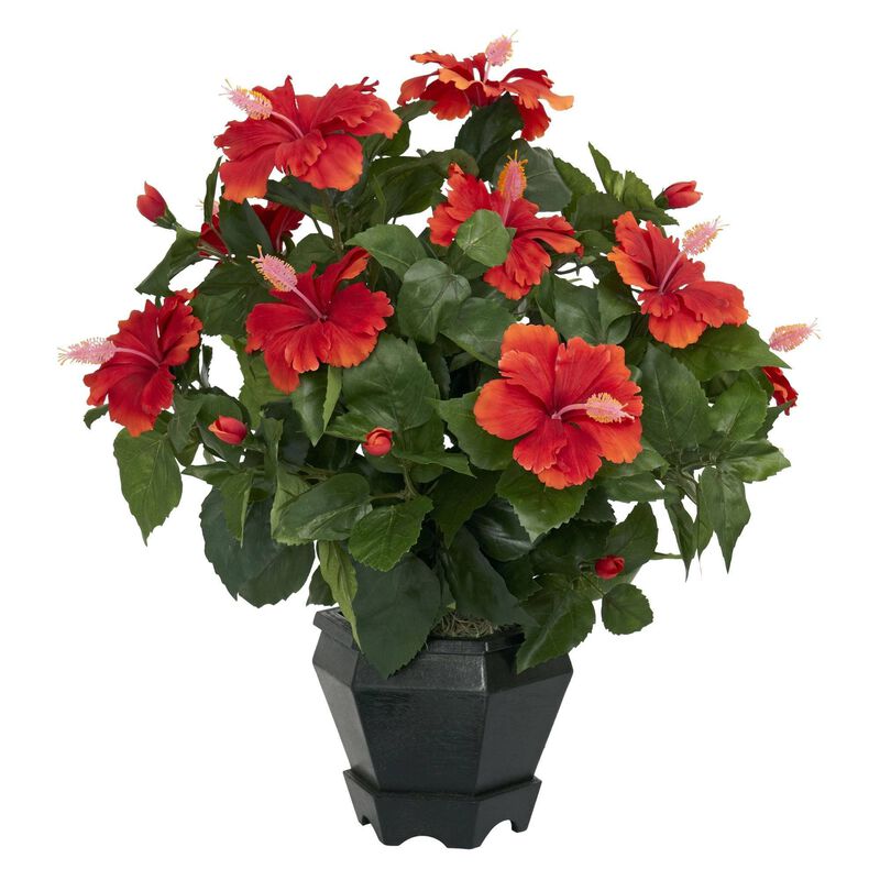 Nearly Natural Hibiscus w/Black Hexagon Vase Silk Plant image number 1