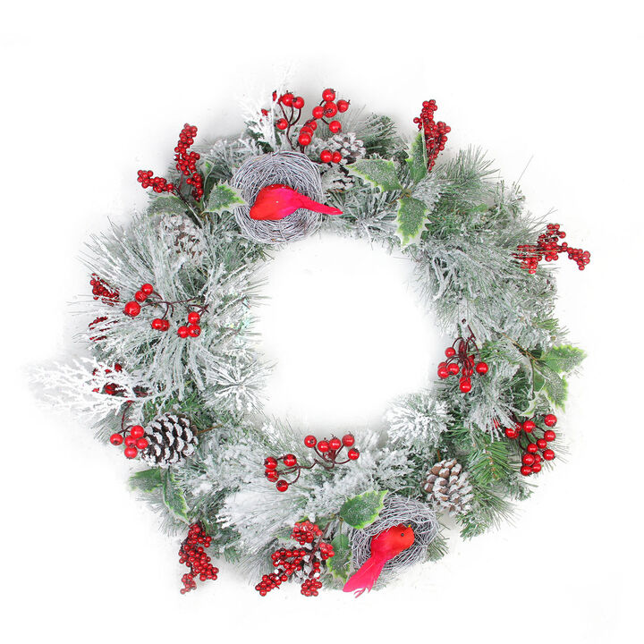 Berries and Red Cardinals in Nests Flocked Artificial Christmas Wreath  24-Inch  Unlit