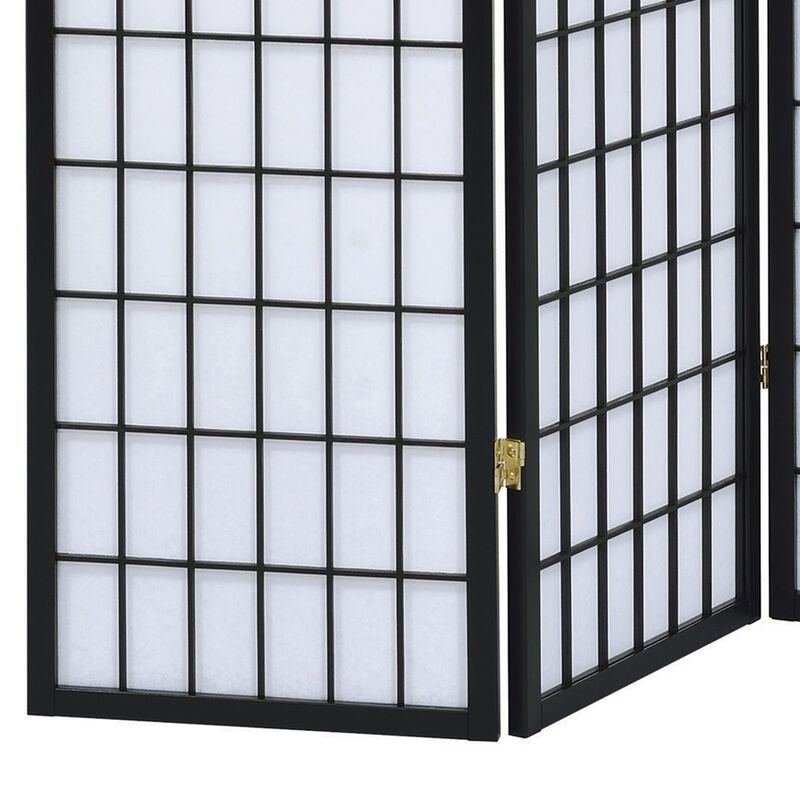 3 Panel Screen with Grid Design Wooden Frame, Black - Benzara