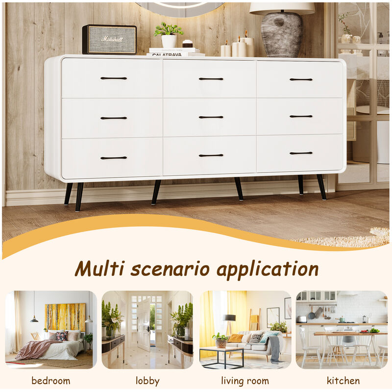 FUFU&GAGA Modern 9-Drawer Dresser, White Storage Dresser with Black Handles & Legs, Wooden Chest of Drawers, (63" W x 30.7" H x 15.7" D),White