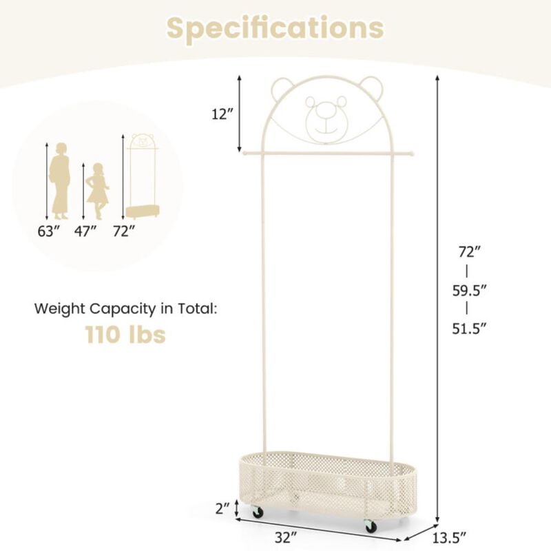 Hivvago Kid Clothes Rack with 3 Adjustable Heights and Wheels