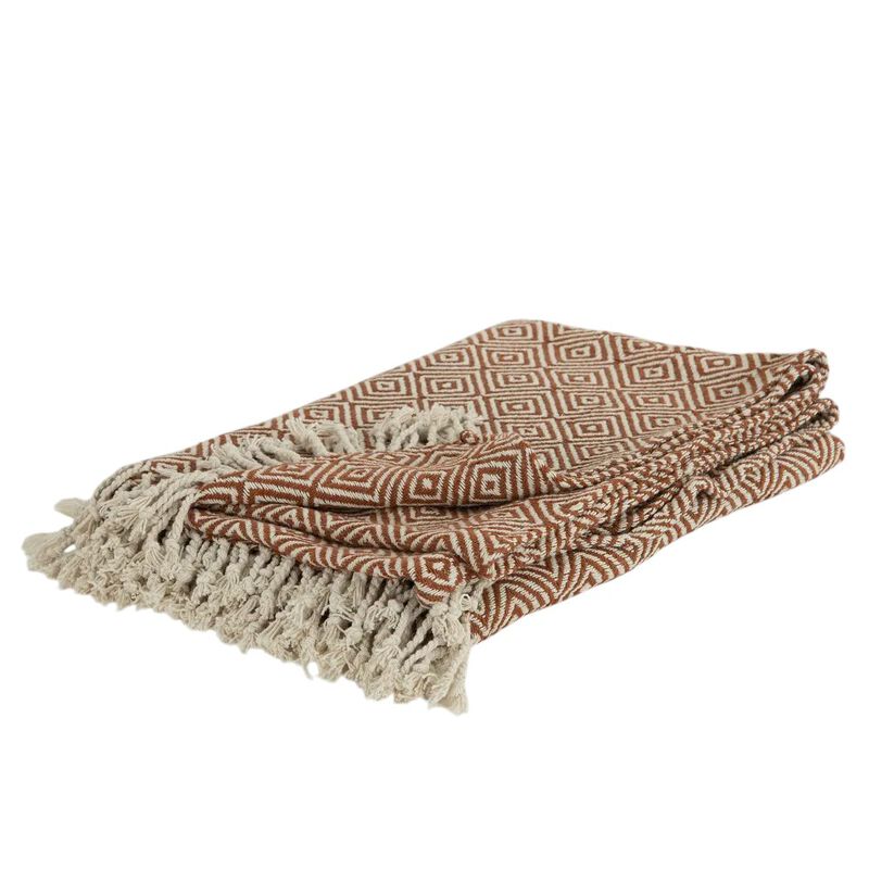 HomeRoots 50" X 60" Brown Cotton Woven Geometric Throw Blanket with Fringe image number 0