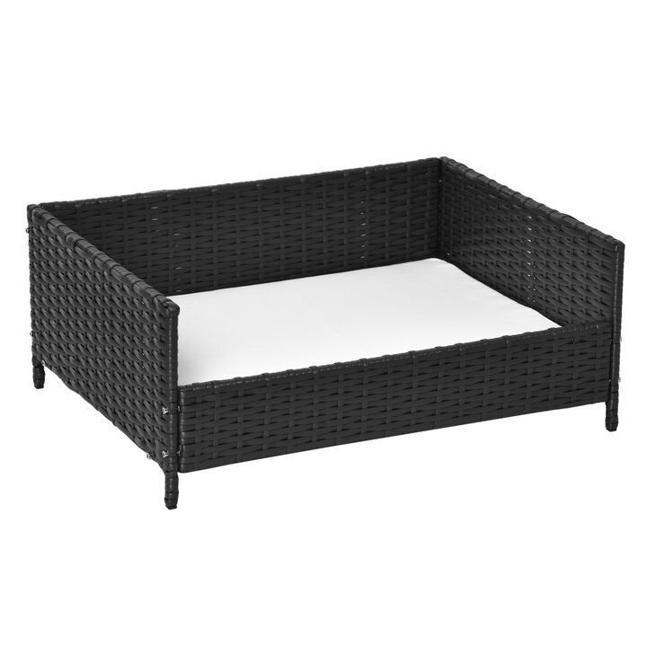 Rattan Pet Bed Raised Wicker Dog House Small animal Sofa Indoor & Outdoor with Soft Washable Water-resistant Cushion Black