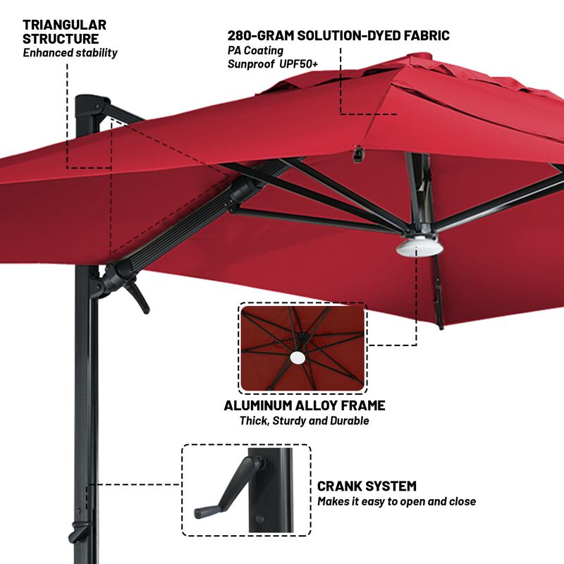 10x13 ft. 360&deg; Rotation Cantilever Patio Umbrella with BaseandBT in Red
