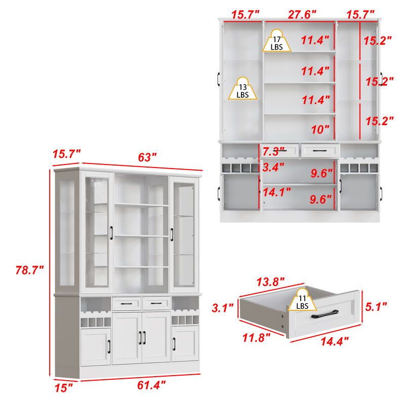 FUFU&GAGA White Display Storage Cabinet with Glass Doors, Adjustable Shelves & Drawers, High-Gloss Finish, Anti-Tip Design (63 in. W x 15.7 in. D x 78.7 in. H), White