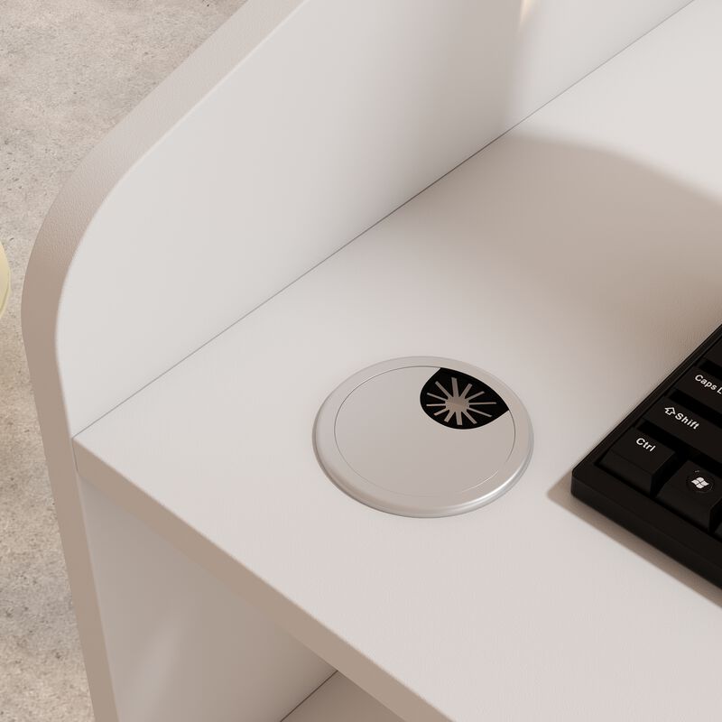 FUFU&GAGA Wooden Reception Desk with Storage Shelves Two Socket Slots 3-Color LED Light and USB Port 23.2 in. W x 15.27 in. D x 41.1 in. H White