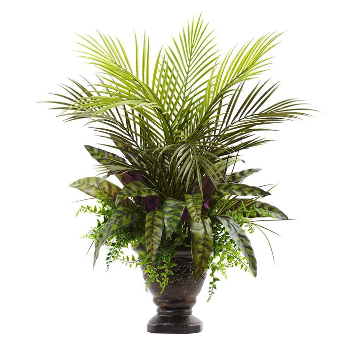 Nearly Natural 27-in Mixed Areca Palm, Fern & Peacock w/Planter