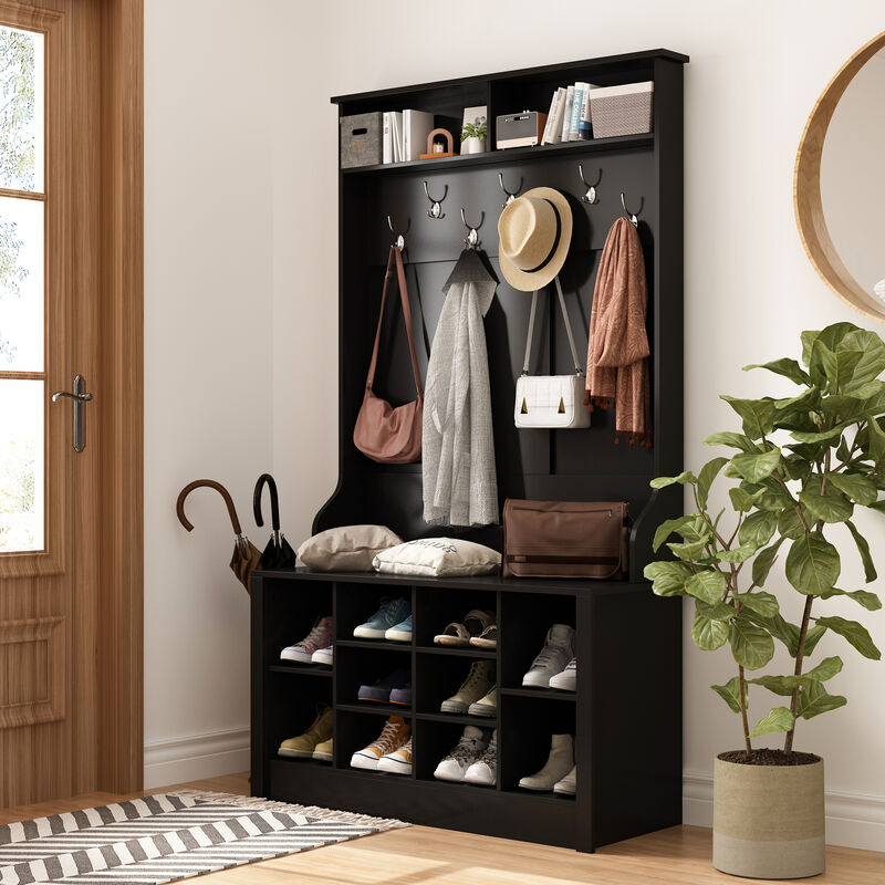 68.5 in. Black Wood 3-in-1 Hall Tree Coat Rack Storage Bench with 7-Metal Double Hooks and Shelves