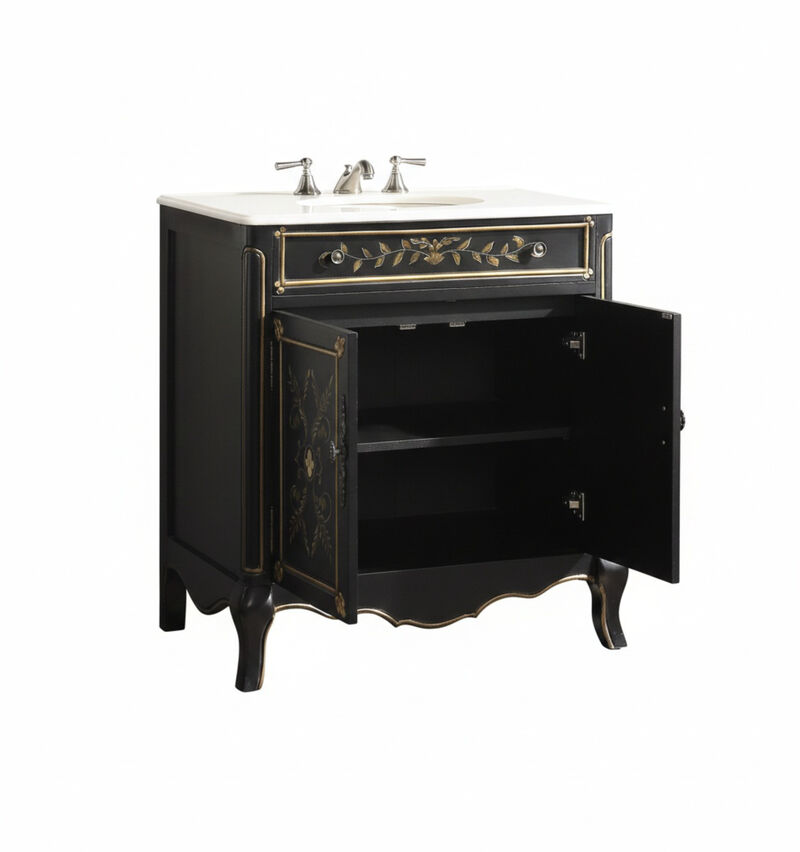 32 Inch Black Hand-Painted Floral Motif Decoroso Bathroom Vanity image number 2