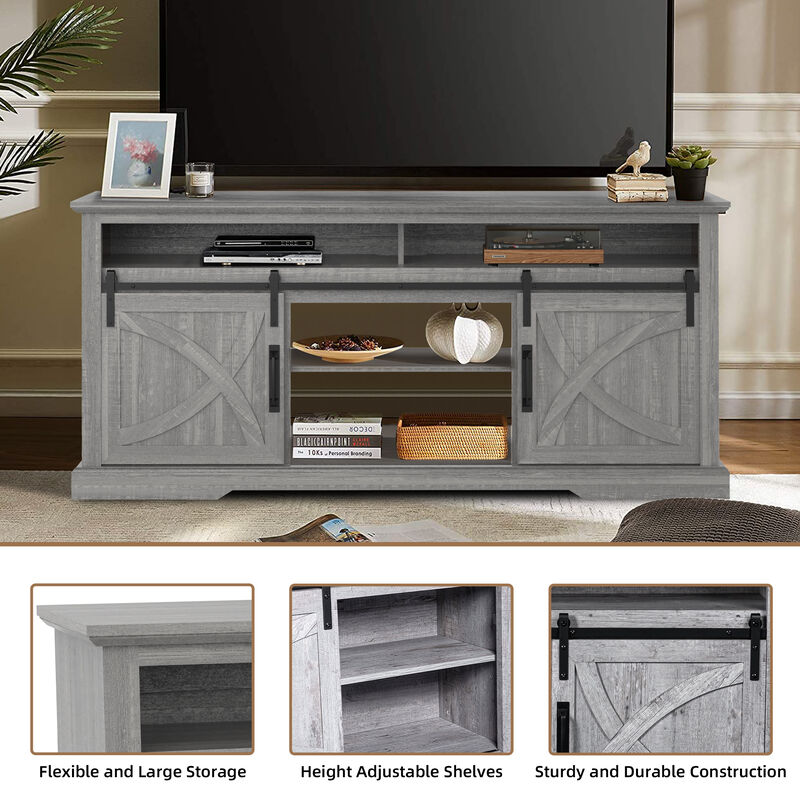 68" Light Gray TV Stand with Open Storage Shelves and Cabinets Media Console for TVs up to 78"