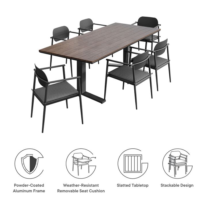 Modway Aeris 7-Piece Outdoor Patio Dining Set in Charcoal &ndash; 91 Inch Rectangular Aluminum Dining Table with Slatted Faux Wood Top and Outdoor Chairs - Patio Dining Set for 6