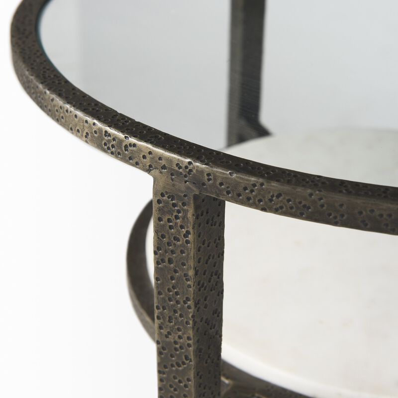 Glass and Metal Round End Table with Lower Shelf, Modern Accent for Living Room