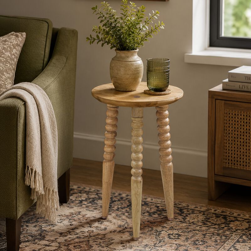 Geya Round Side Table, Tripod Spindle Legs, Natural Brown Mango Wood, 24 Inch High image number 5