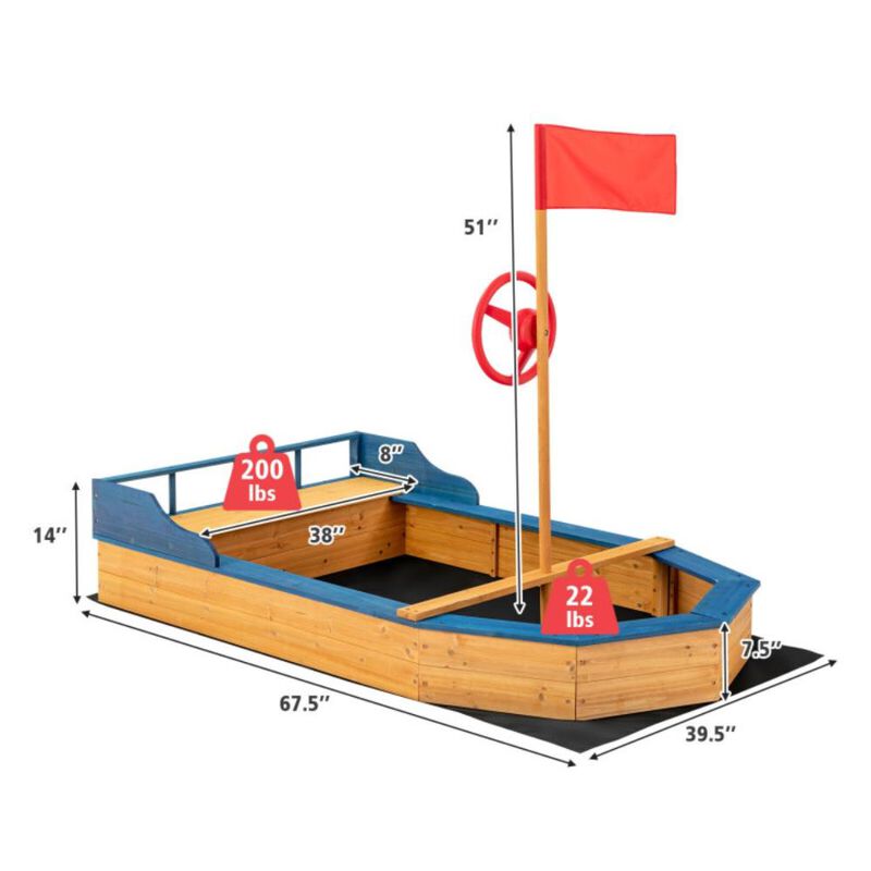 Hivvago Kids' Pirate Boat Sandbox with Flag and Rudder